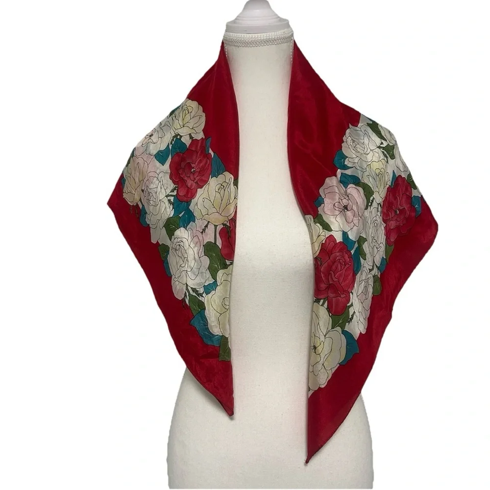 Oscar de la Renta Signed Silk Square Floral Scarf Red 30x29